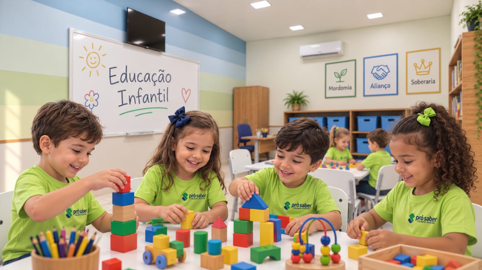 Crianças da Educação Infantil do Pró Saber em atividade em sala de aula