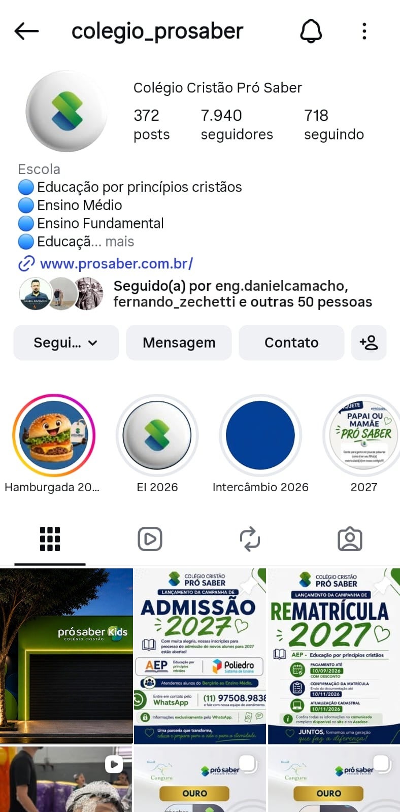 Perfil oficial do Colégio Cristão Pró Saber no Instagram