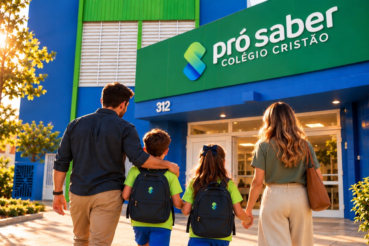Família chegando à entrada do Colégio Cristão Pró Saber