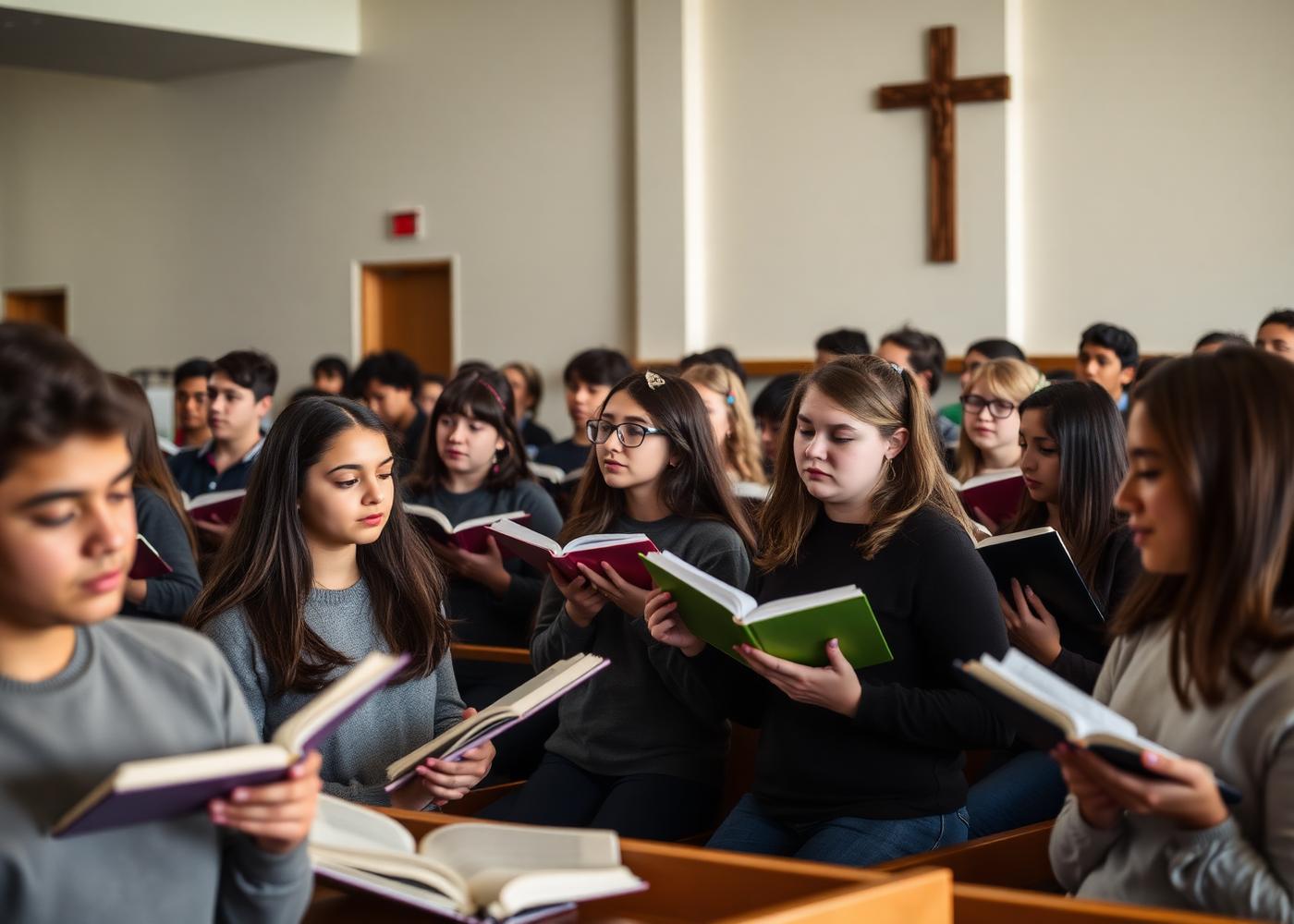 Estudantes reunidos em momento de culto e formação cristã (imagem temporária)