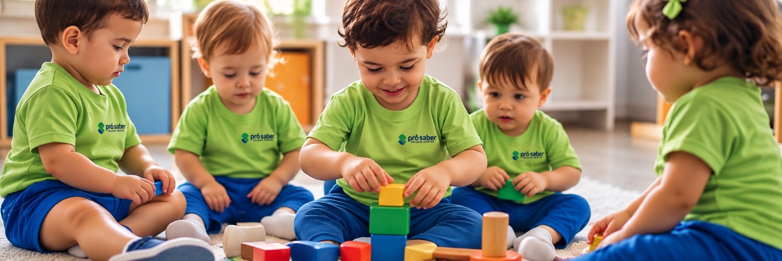 Crianças do segmento Berçário e Educação Infantil em atividade com blocos de montar